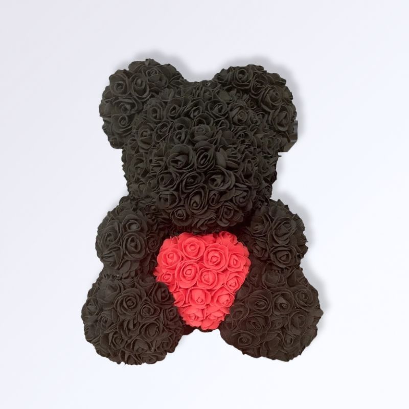 Ourson en Rose Éternelle 40 cm Noir - rouge