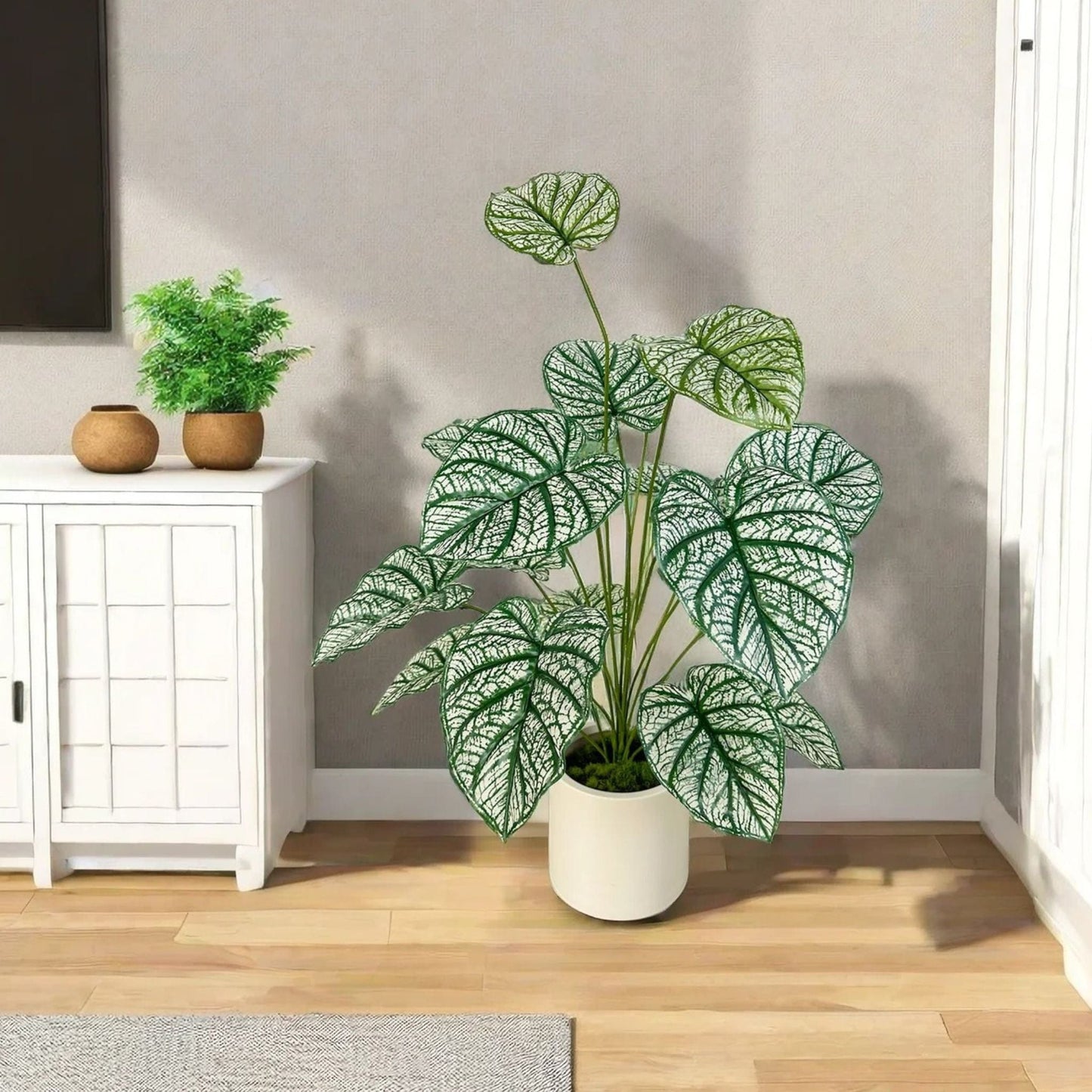 Plante Nervurée Artificielle Verte et Blanche 65cm