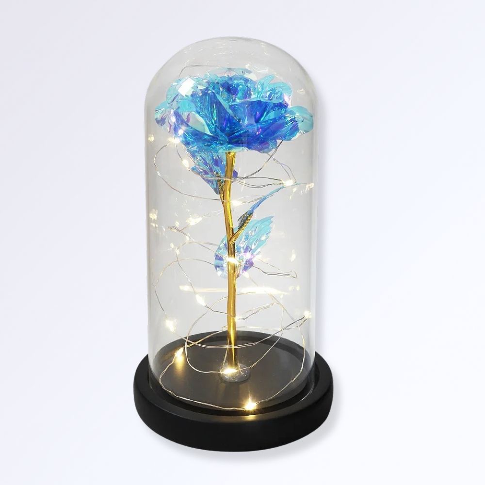 Rose Éternelle Sous Cloche Socle Noir Couleur Bleu brillant