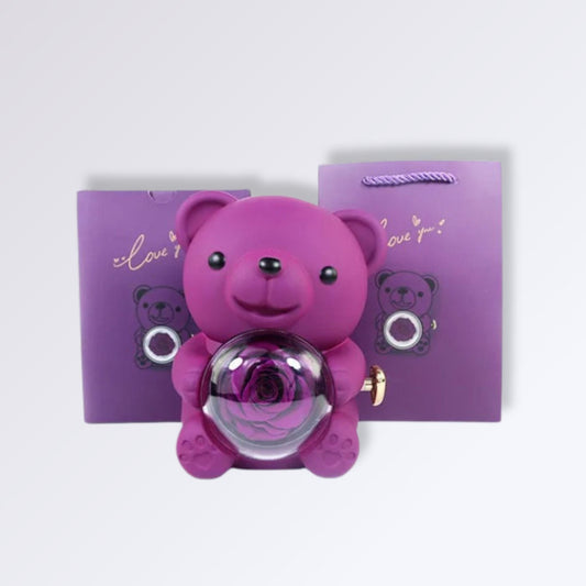 Boîte Ours avec Rose Artificielle Couleur Mauve