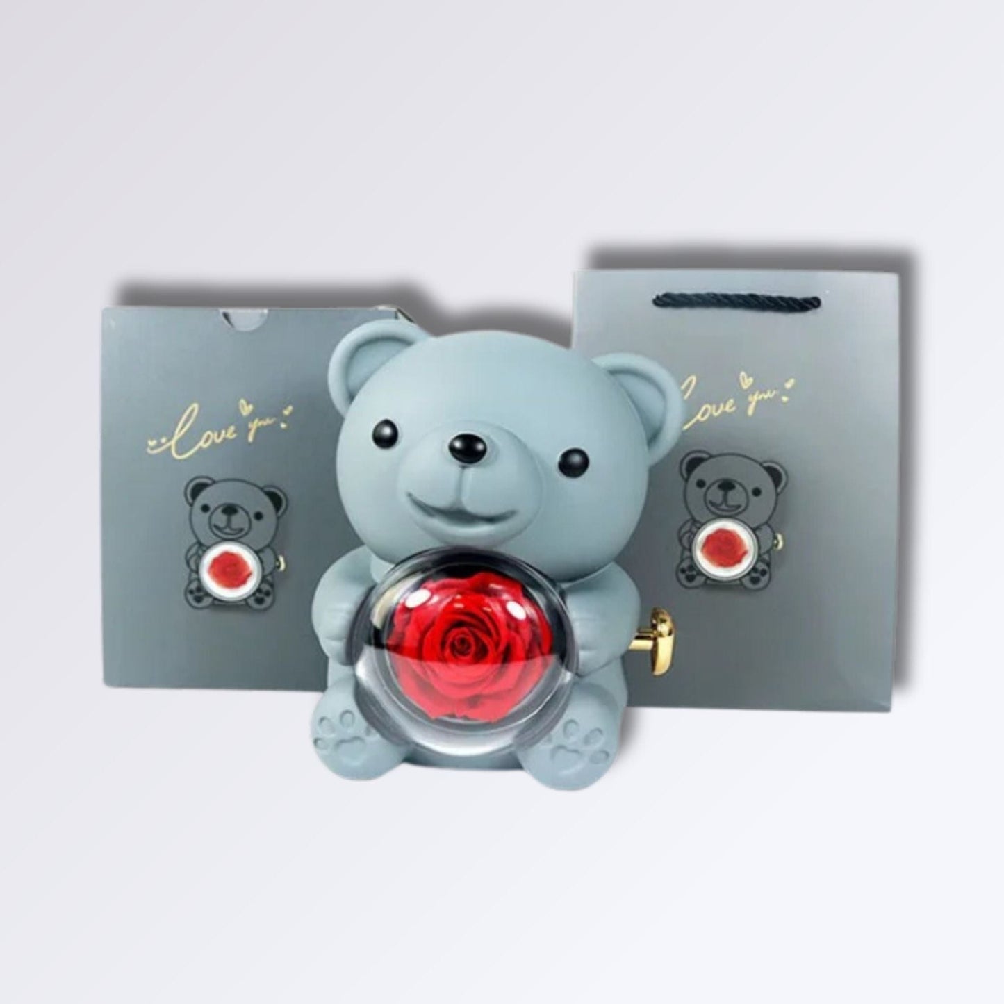 Boîte Ours avec Rose Artificielle Couleur Gris