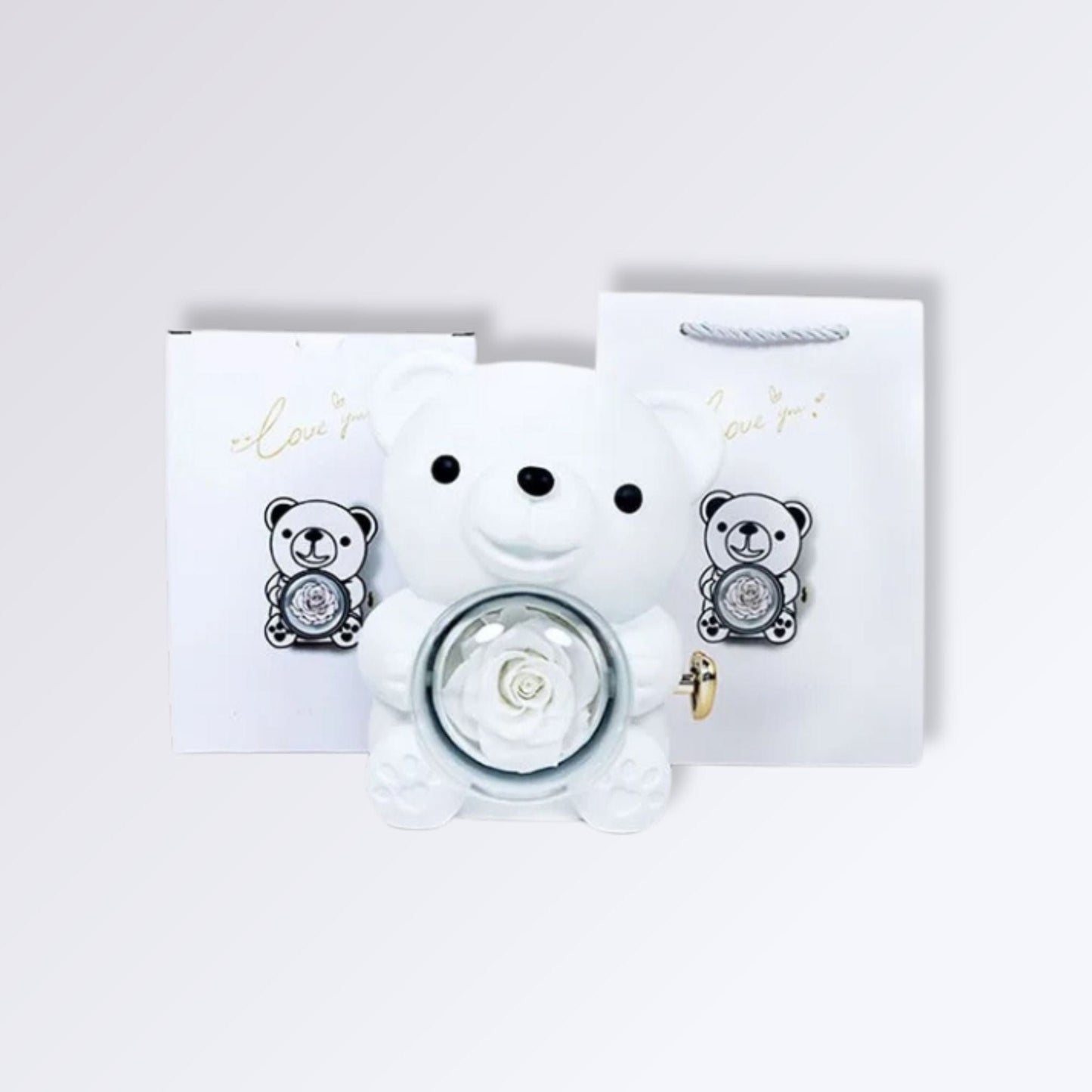 Boîte Ours avec Rose Artificielle Couleur Blanc
