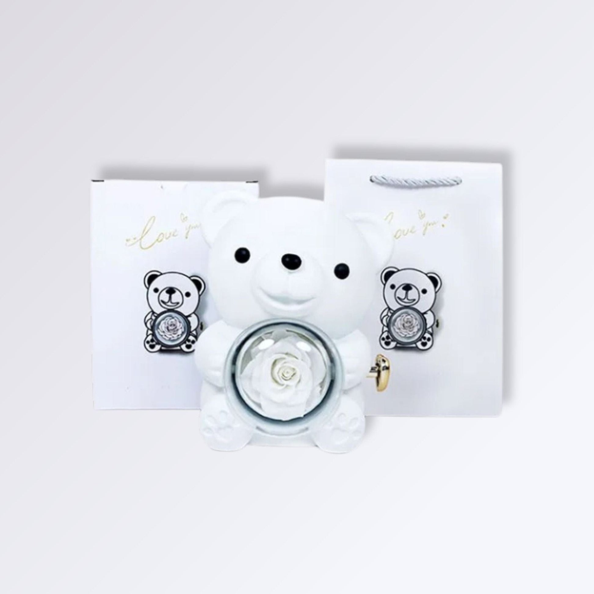 Boîte Ours avec Rose Artificielle Couleur Blanc