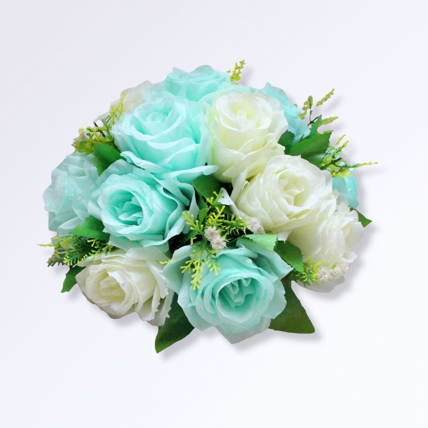 Bouquet Boule de Rose Artificielle 25cm Bleu clair - blanc
