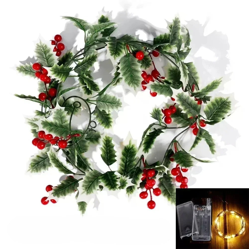 Guirlande de Houx Artificielle Feuillage vert-blanc et LED