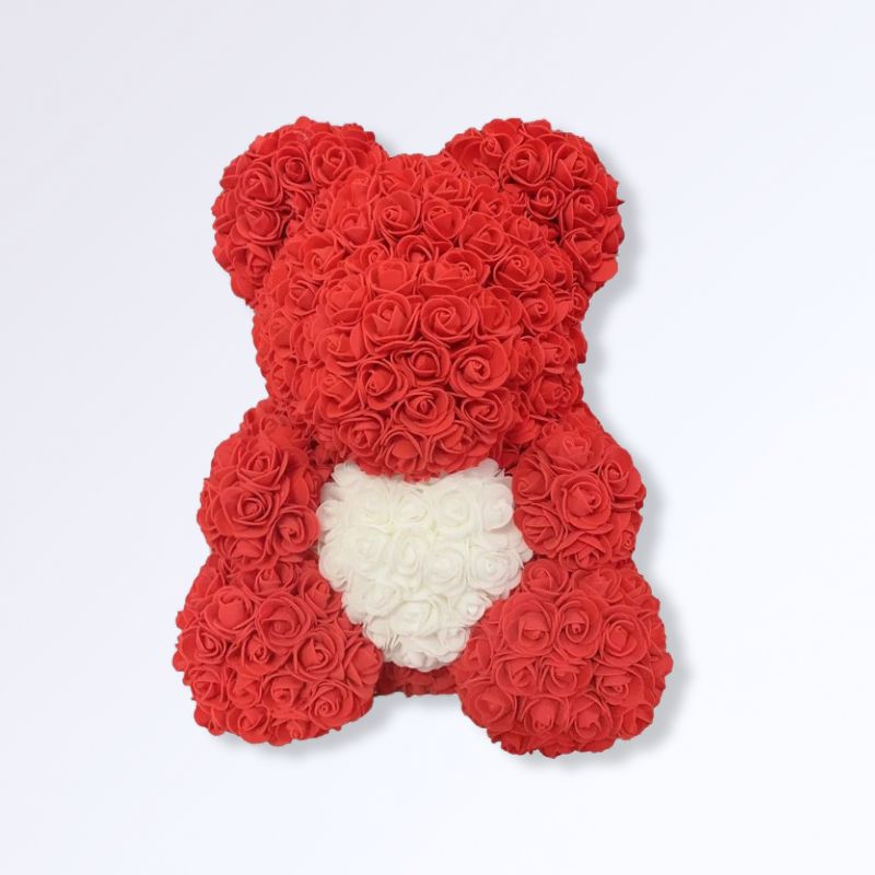 Ourson en Rose Éternelle 40 cm Rouge - blanc