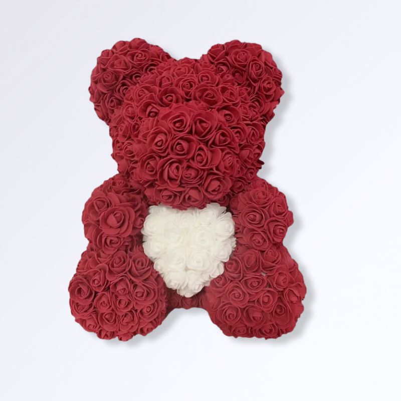 Ourson en Rose Éternelle 40 cm Rouge - blanc