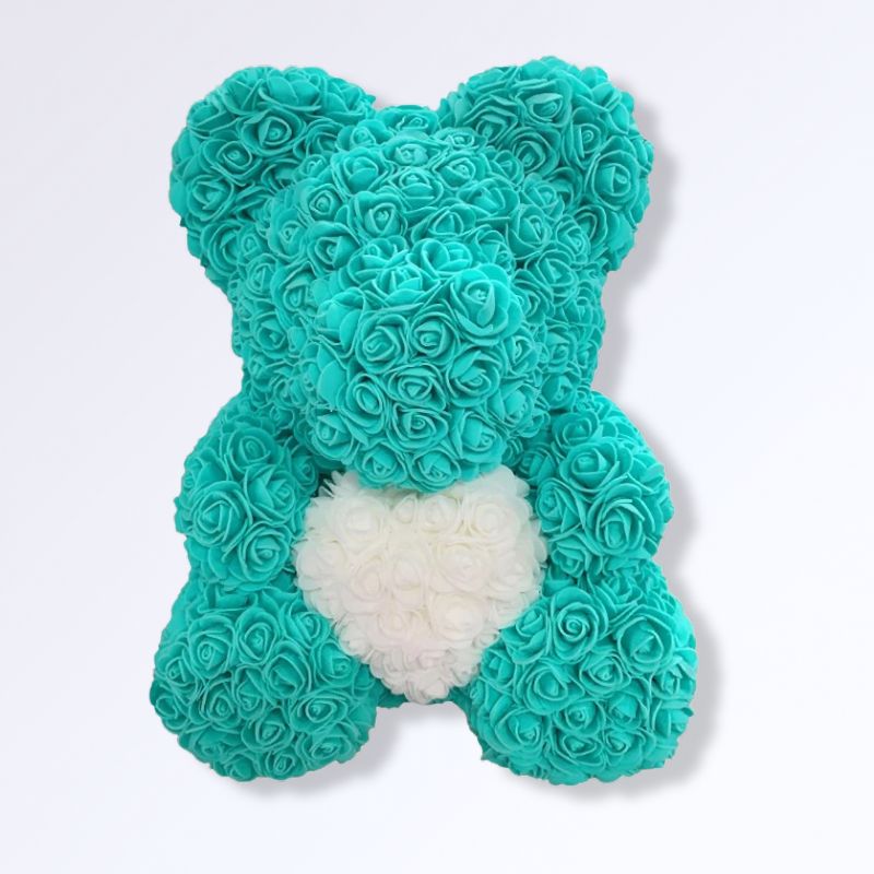 Ourson en Rose Éternelle 40 cm Turquoise - blanc