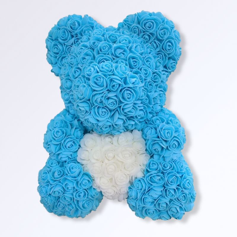 Ourson en Rose Éternelle 40 cm Bleu ciel - blanc