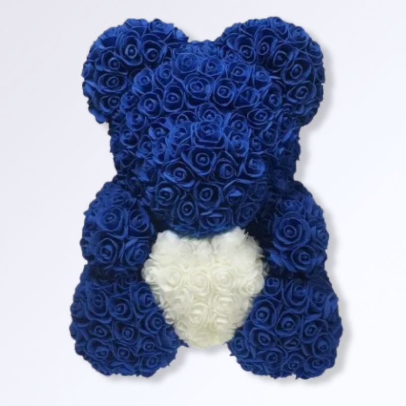 Ourson en Rose Éternelle 40 cm Bleu nuit - blanc