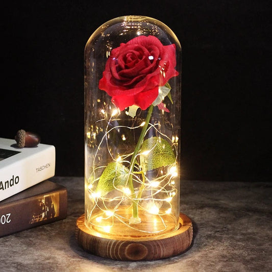 Rose Éternelle Sous Cloche avec LED Rouge