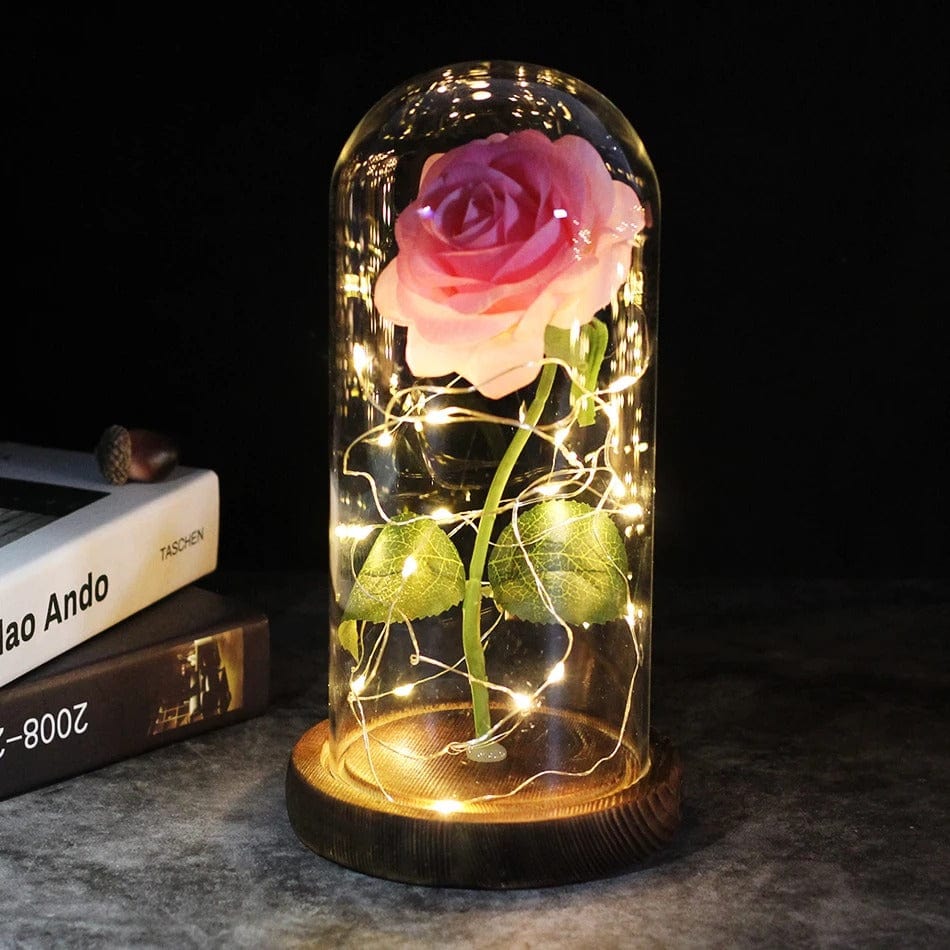 Rose Éternelle Sous Cloche avec LED Rose