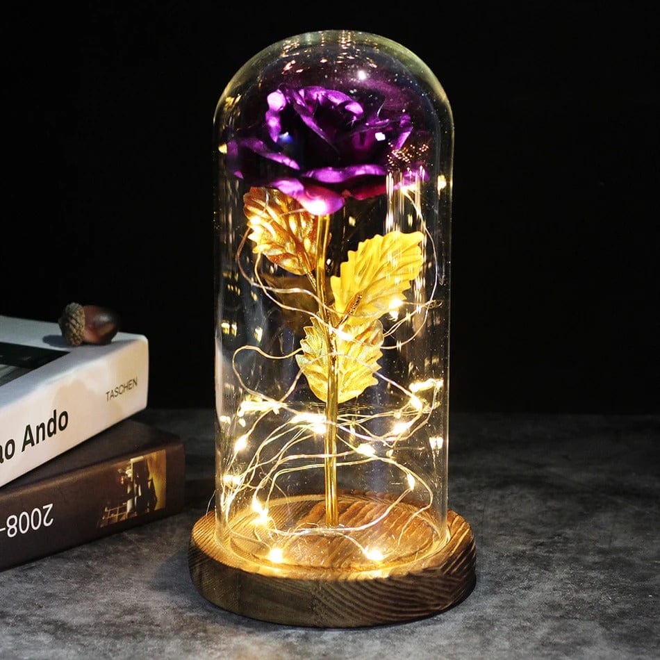 Rose Éternelle Sous Cloche avec LED Violet