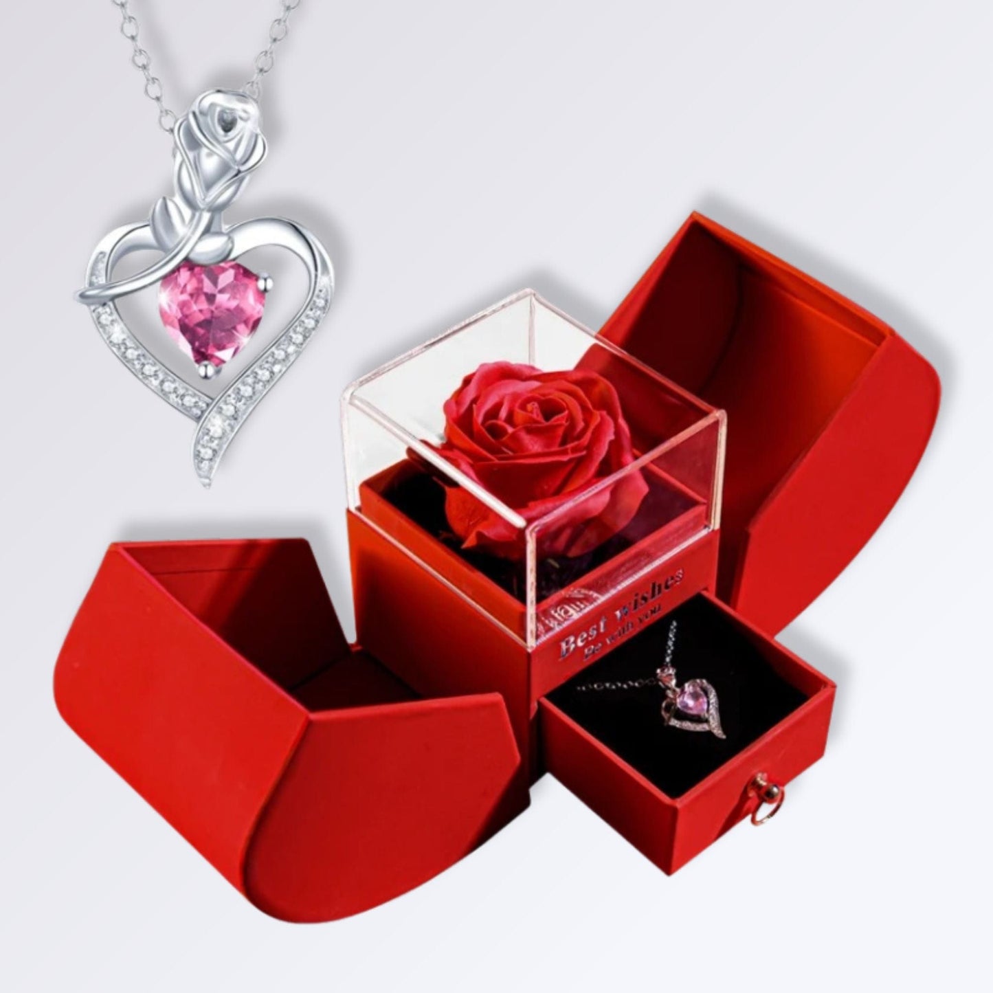 Coffret Rose Éternelle Collier | Perles Vertes Cœur de rose