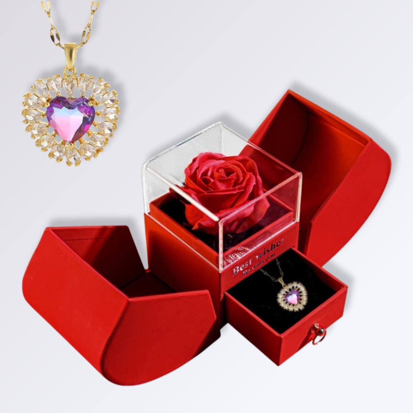 Coffret Rose Éternelle Collier | Perles Vertes Cœur rayonnant