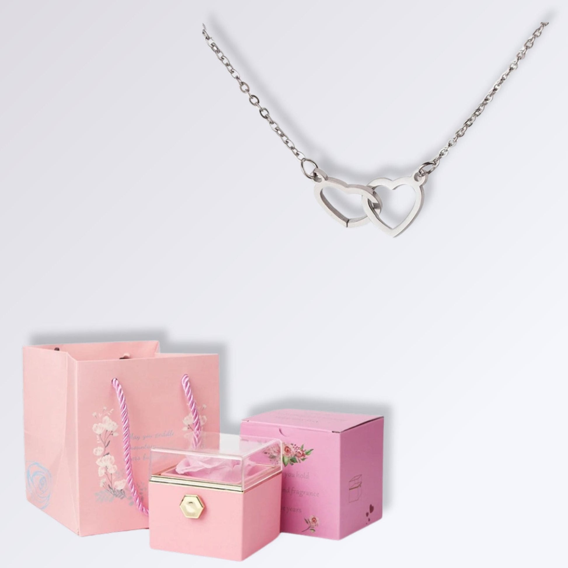 Rose Éternelle Rose avec Collier | Perles Vertes Argent