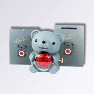 Boîte Ours avec Rose Artificielle Couleur Gris