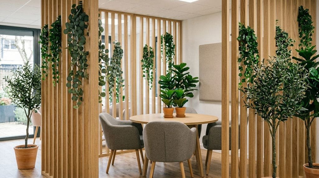 Quand le végétal artificiel rencontre les cloisons en bois : composer des espaces qui respirent