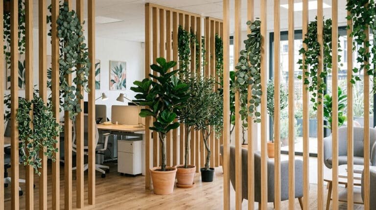 Accueil Quand le végétal artificiel rencontre les cloisons en bois : composer des espaces qui respirent
